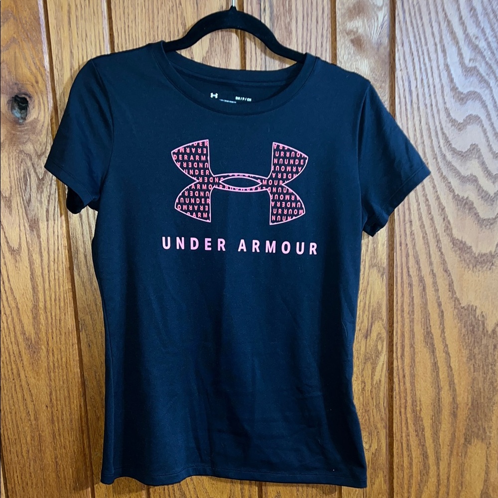 Under Armour Women's Black Tee with Pink Logo Size S